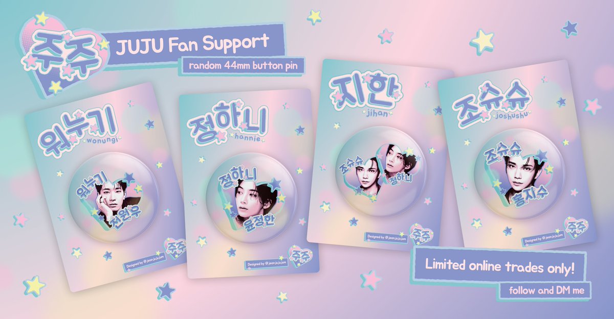 jeonjujujum's tweet photo. fan support from @jeonjujujum for:
⭐️ #GOCAMOMEETatEK, Sep 20 @goingcaratph
⭐️ #BetterHalfIsHome, Oct 11 @9TO5LINE
⭐️ #SweetDelightsHaniShu, Oct 25 @224rchives
will give away these randomly, but i'll try to give more jh/jihan on jh/jihan events ofc! the wonu pins are for my wonurideul girlies here hehe 😉
will still accept online trades but very limited, only first few to follow and DM me! ✨🍬