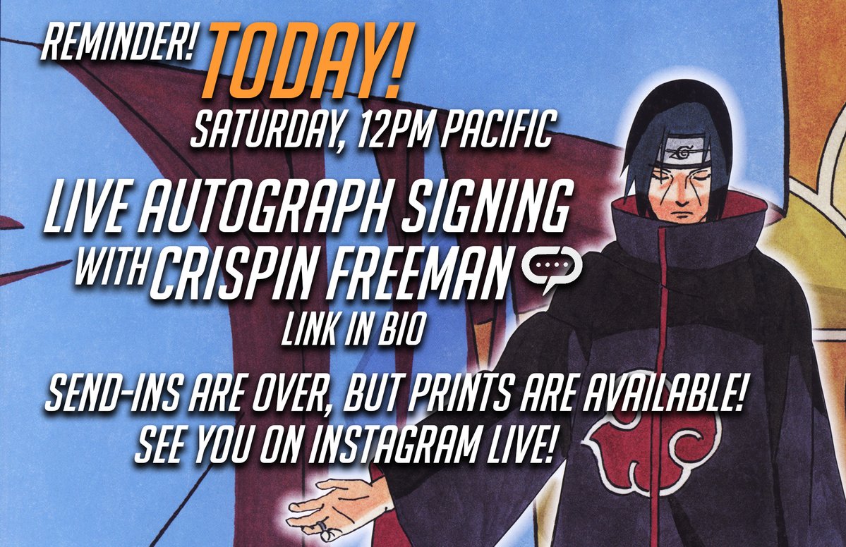 CrispinFreeman's tweet photo. TODAY! I've got signings this Sat. and Sun. at noon Pacific on Instagram Live! Send-in items are over for this round, but prints are still available! https://t.co/LZQHru5gwu #Streamily #Naruto #Pokemon #DemonSlayer #TWST #Overwatch Link in my bio! https://t.co/I66aSGaKYf