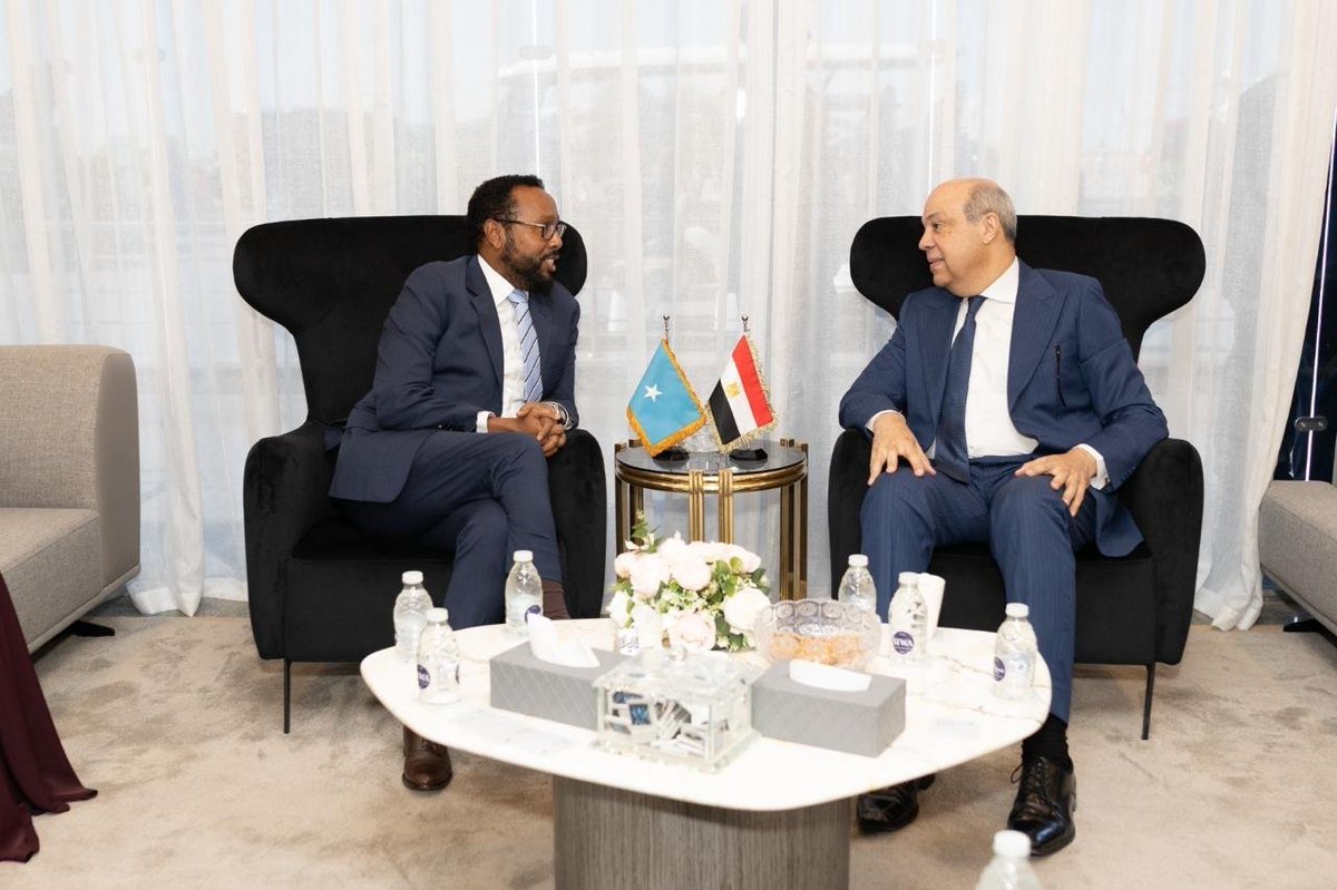MotcaSomali's tweet photo. State Minister of Transport &amp; Civil Aviation, HE Abdikarim Haydar, attended #ElAlameinAirshow2026 in Egypt.He held a productive meeting with Egypt's Aviation Minister, Sameh El-Hefny, to discuss strengthening aviation ties, staff training, and direct flights. 🇸🇴🤝🇪🇬 https://t.co/6lQM6c9ntq