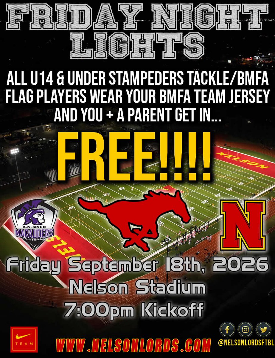 nelsonlordsftbl's tweet photo. π‘ππ«π§ πππ‘ πππ πβ¦ π΄π‘π
We are welcoming the next generation Friday Night!!
β«οΈBMFA Youth Flag & Tackle players show up in your BMFA jersey and you & a parent get in free (U14 and under)!!
π΄π‘π #FutureLords #GoStamps https://t.co/dcfwcL7jXb