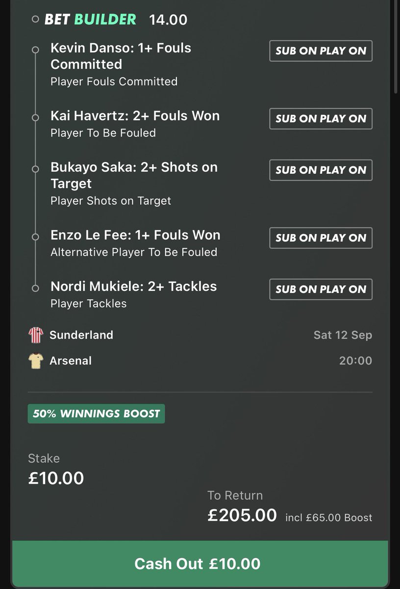 bendoesbets's tweet photo. On this for the 8pm Premier League Sunderland vs Arsenal game. 50% winnings boost applied as well 🤝

14/1 Longshot.

Let me know if you’re on the bet! 🫡 https://t.co/CNB6cRra9B