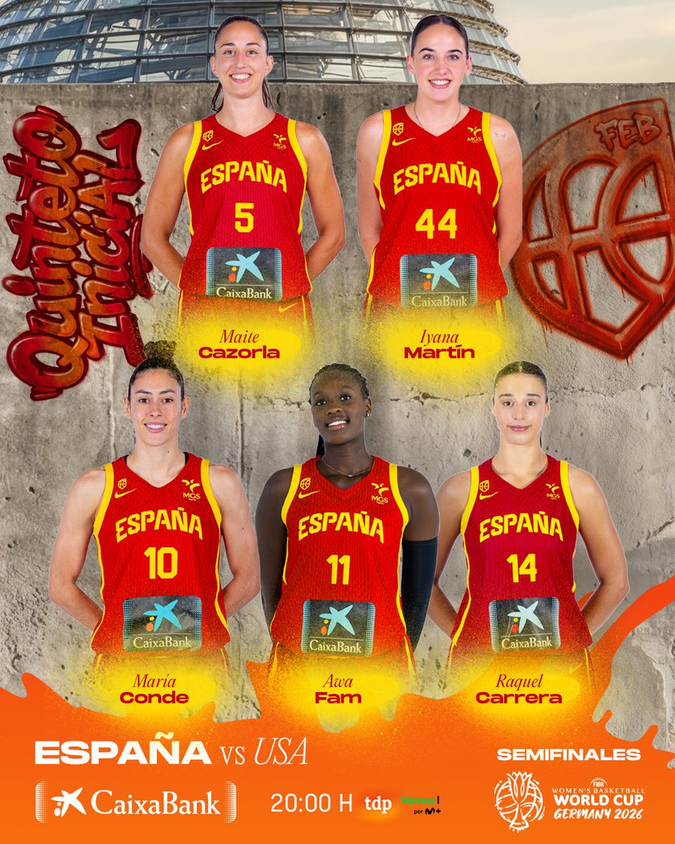 BaloncestoESP's tweet photo. 🖐️El 𝐐𝐔𝐈𝐍𝐓𝐄𝐓𝐎 𝐈𝐍𝐈𝐂𝐈𝐀𝐋 de #LaFamilia ante Estados Unidos 🇺🇸
👉 @maitecazorla5
👉 Iyana Martín
👉 @MariaaConde
👉 @awaafaam_
👉 @raquelcarrera_
#FIBAWWC | #LaFamilia #VolvemosASoñar #SomosEquipo https://t.co/IEumhhYXqd