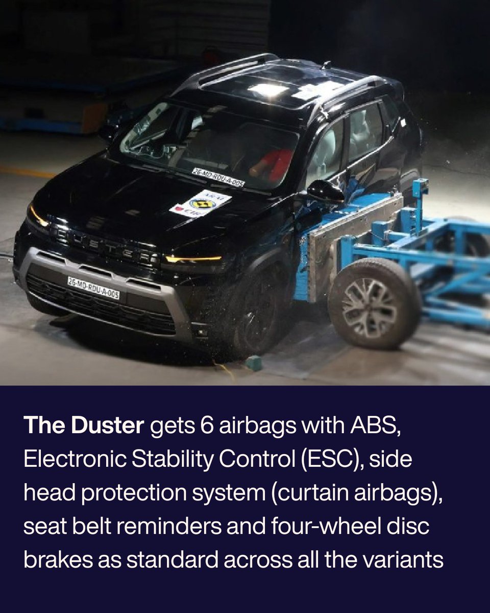 YungAltimus's tweet photo. Renault Duster earns 5 stars in Bharat NCAP for adult and child protection. Renault India’s first BNCAP-tested model also offers Level 2 ADAS on higher trims. Serious safety competition in the C-segment SUV space. https://t.co/XoxAqhnYEY