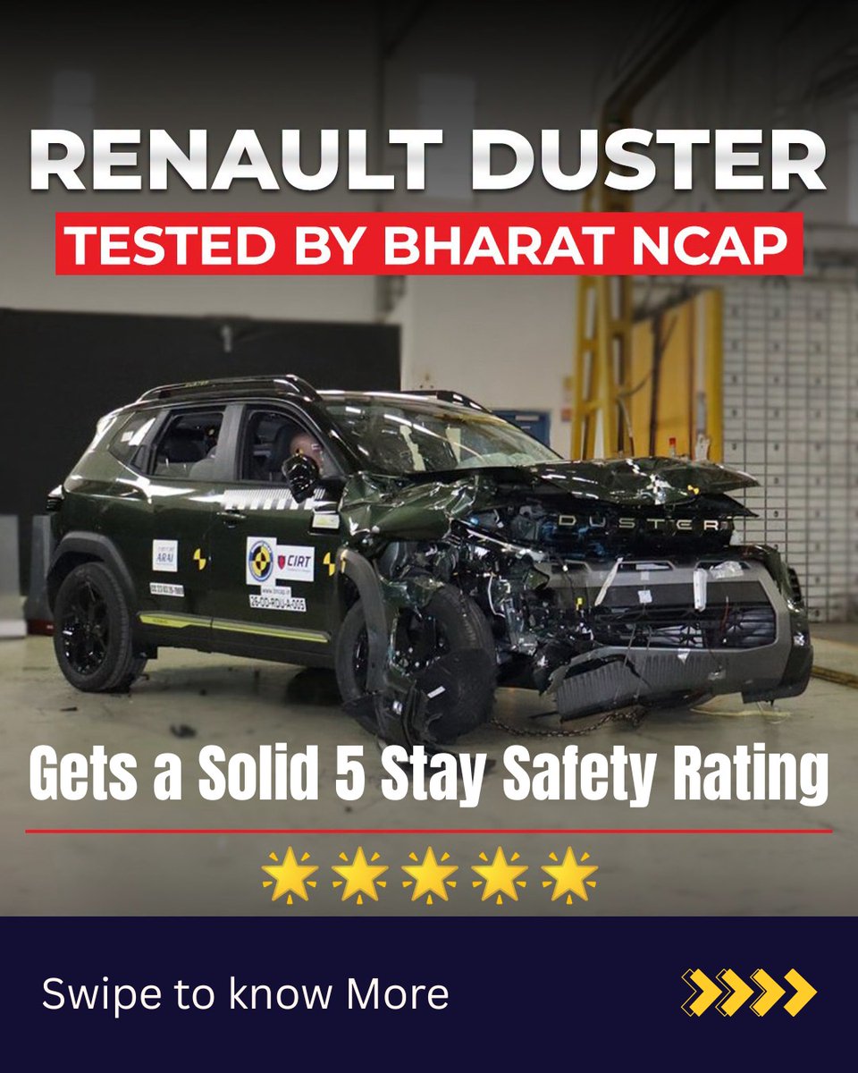 YungAltimus's tweet photo. Renault Duster earns 5 stars in Bharat NCAP for adult and child protection. Renault India’s first BNCAP-tested model also offers Level 2 ADAS on higher trims. Serious safety competition in the C-segment SUV space. https://t.co/XoxAqhnYEY