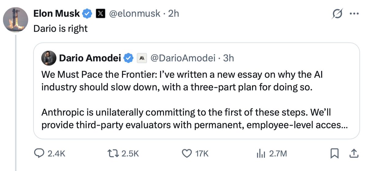 Sjacobs2020's tweet photo. Two Scenarios

1. AI is superintelligent & sociopathic billionaires are genuinely worried for us.

2. Capital is gone & AI advancements have slowed. Now, billionaires need to use government constraints as cover for shareholders, framing the slowing as a regulatory issue outside of their control.