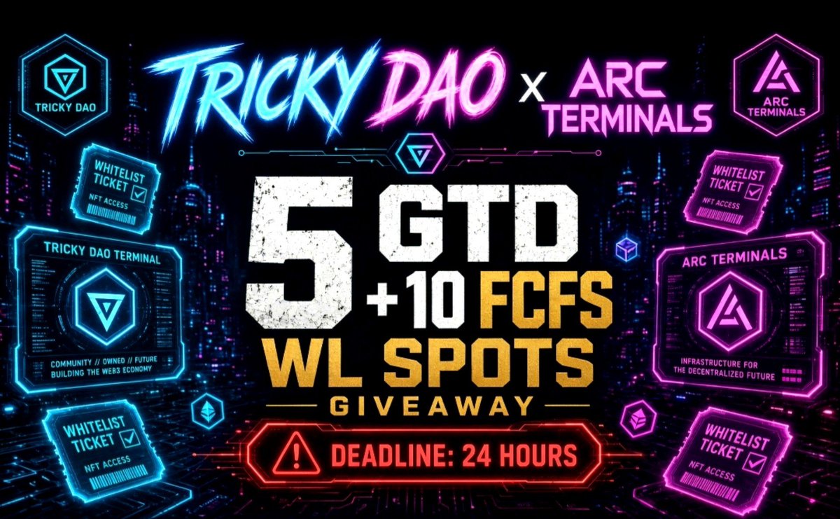 TrickyDao's tweet photo. ‼️‼️ Free Mint NFT Giveaway Alert

TRICKY DAO x ARC TERMINALS GIVEAWAY

5 GTD + 10 FCFS WL spots up for grabs.

⏳️ Deadline: 24 hours.

✔️ How to enter:

1. Follow @TrickyDAO + @ArcTerminalss

2. Like + RT this post

3. Tag 2 friends In Comments 

4. Drop wallet in comments

Winners announced after the deadline. 

Good luck, Community.