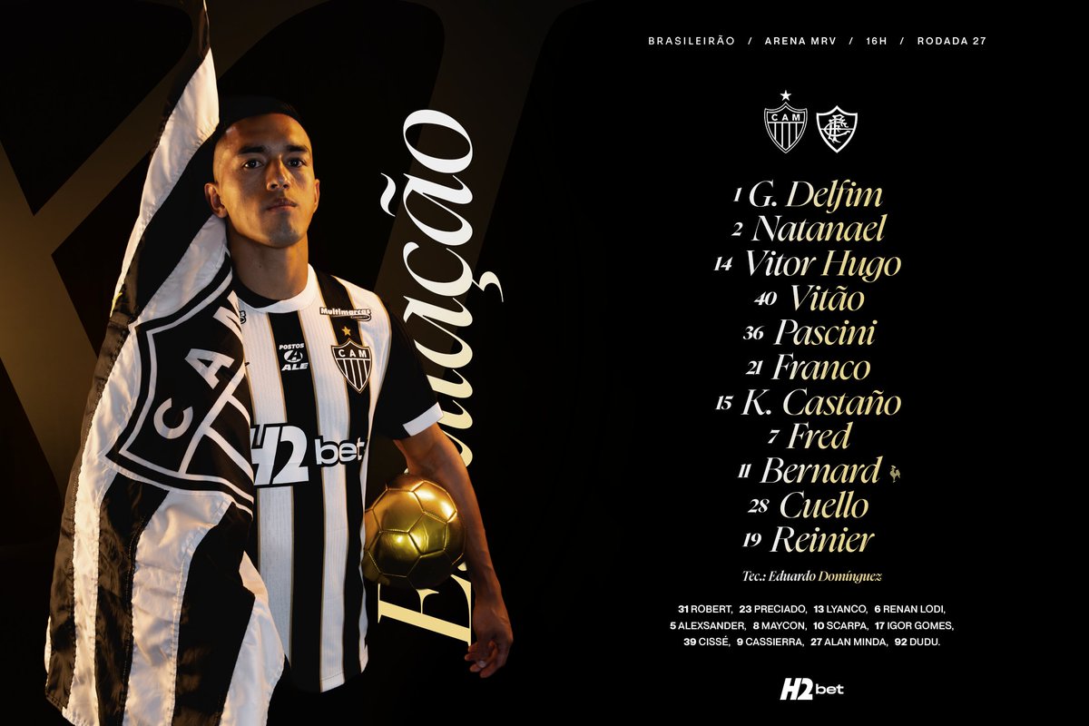 Atletico's tweet photo. 📋 GALO ESCALADO! Veja a nossa escalação para enfrentar o Fluminense, na Arena MRV, pelo Brasileirão!

📺 Premiere 

#VamoGalo #CAMxFLU 🏴🏳️ https://t.co/K7p5DHC5Bi