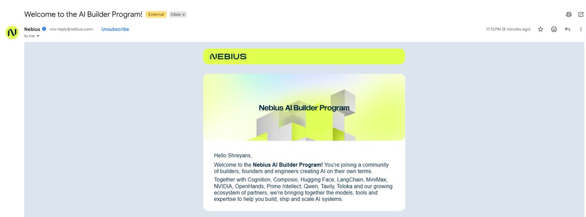 Shreyans704's tweet photo. I guess we’re in 👀🚀

Just got welcomed into the Nebius AI Builder Program.

$400+ in credits, hands-on AI learning, access to engineers, and a community of builders.

Time to build. 🛠️🔥 https://t.co/ynN7wPmcaR