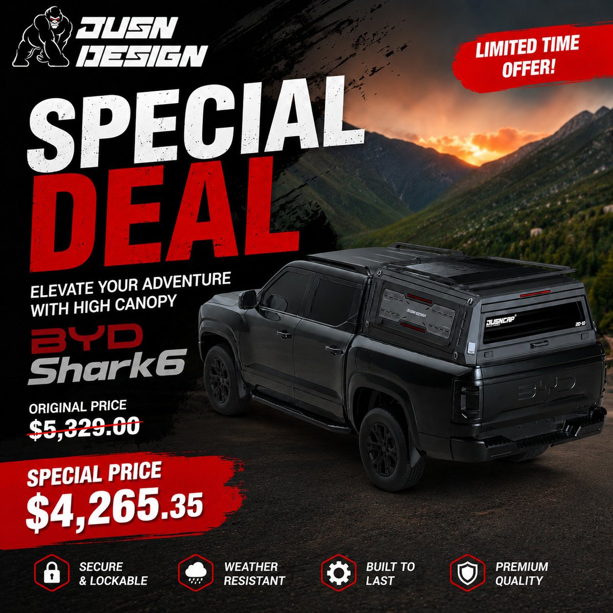 BusterMarcgmm's tweet photo. Special deal: BYD Shark6 JUSN JD-10 Aluminium Canopy. Built tough for work, touring and New Zealand conditions. Secure, weather-resistant storage with 3-side access, roof rack and locking system. Now $4, 265. 35. Message us for availability and https://t.co/u09nx44Ey1