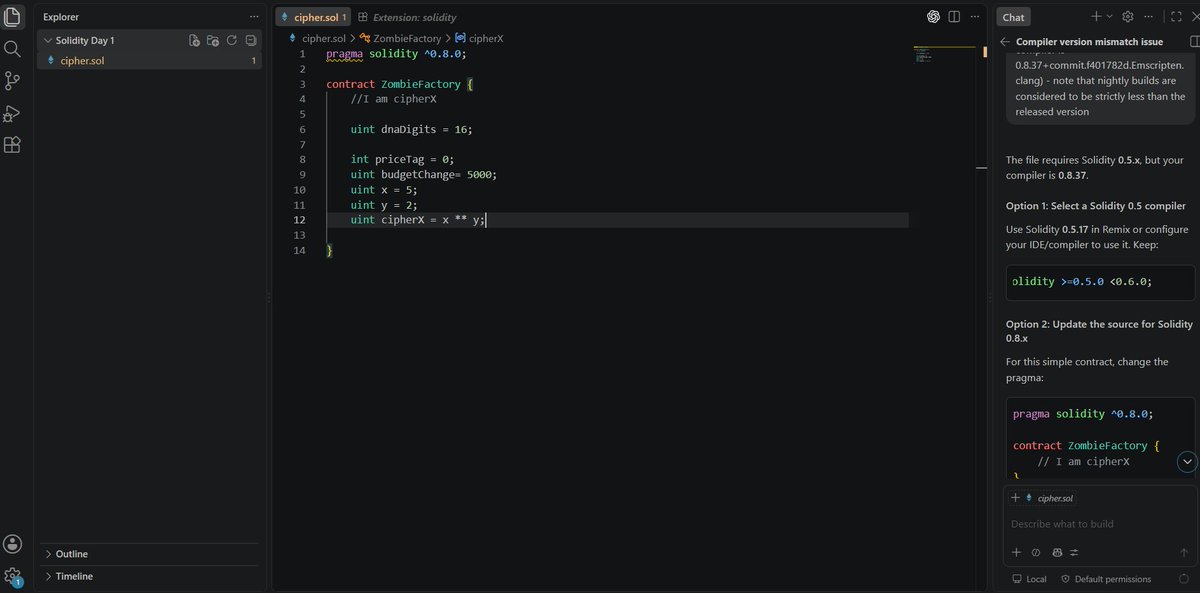 CipherXHQ's tweet photo. Day 2 of Solidity. 🧑‍💻⚡
Less talking, more coding.
 We move. 🚀
#Solidity #Web3 #BuildInPublic https://t.co/n4U7Gk6alR