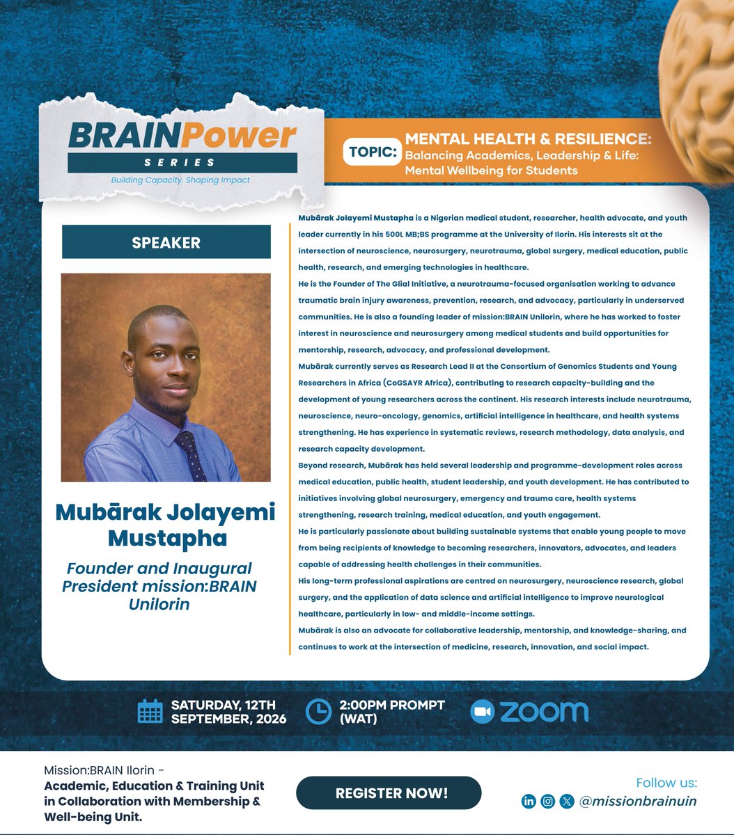 missionbrainuin's tweet photo. 🧠 BRAINPower Series: September Edition— Now Available!

Today, we had an insightful conversation on Mental Health &amp; Resilience, exploring practical ways to navigate the demands of academics, leadership, and life while building resilience for greater impact. https://t.co/EsIS87OJGV