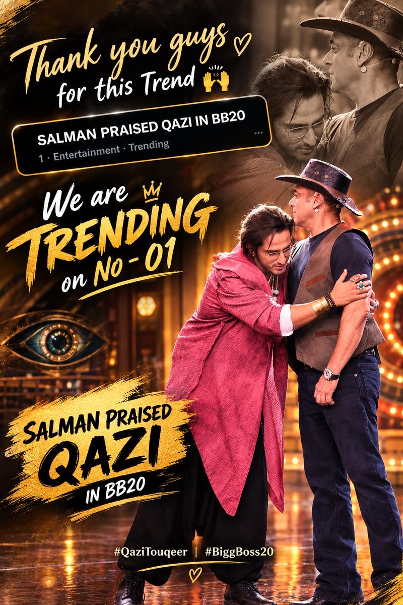 QaziTouqeerrFC's tweet photo. Thank you, everyone, for making this trend #1! 🥹❤️‍🔥

This is the power of Qazi’s fandom! 🙌🔥
So grateful for each and every one of you. ❤️

SALMAN PRAISED QAZI IN BB20 🏆✨

#QaziTouqeer #BiggBoss20 https://t.co/j8S2QutbFI