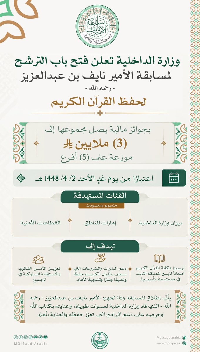imarat_almadina's tweet photo. #وزارة_الداخلية  تعلن فتح باب الترشح لمسابقة الأمير نايف بن عبدالعزيز - رحمه الله - لحفظ القرآن الكريم، اعتبارًا من يوم غداً الأحد، https://t.co/qSTMeAA4de