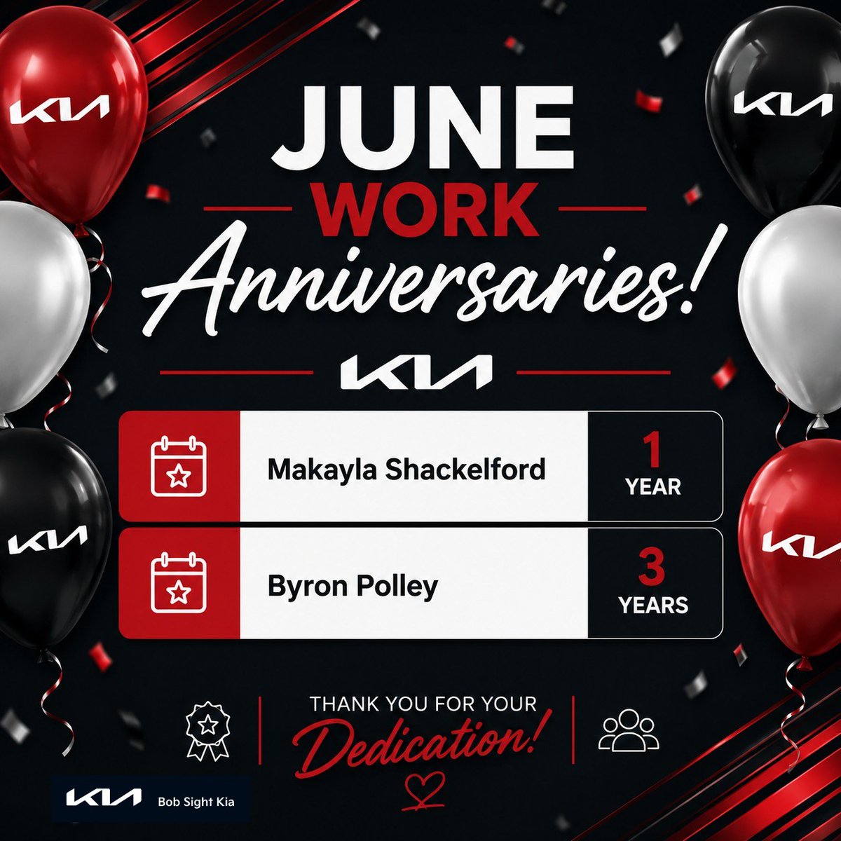 ThersaWhoonhl's tweet photo. Happy June Work Anniversaries to Byron Polley on 3 years and Makayla Shackelford on 1 year. Thank you for your dedication, hard work, and commitment to our team and customers. https://t.co/fILKul3Svm