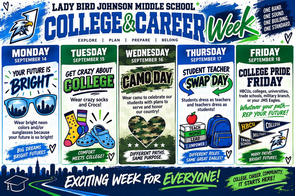 netzeroJMS's tweet photo. Attention JMS Staff and Students! It’s College and Career Week. Dress accordingly! 😊 @IrvingISD #collegeweek @JMS_DeanWalker @MrsLRWhitaker https://t.co/hFdAePonLp