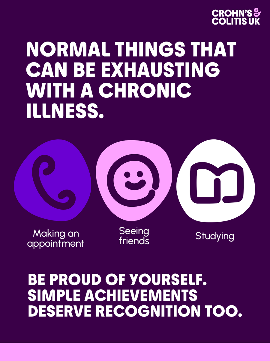 CrohnsColitisUK's tweet photo. What everyday things can feel exhausting when you live with a chronic illness?

Sometimes, the things that seem small to others can take a lot of energy. 

Be proud of yourself,  every achievement counts, no matter how small it may be 💜

#ChronicIllness #HiddenIllness https://t.co/z9q3mwTglD
