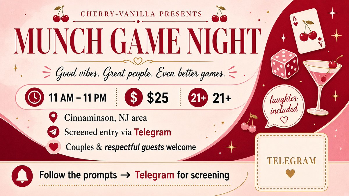 CherryVanilla93's tweet photo. 🍒 Sep 28 · Munch Game Night is LIVE
Come for the games. Stay for the vibe.
11 AM–11 PM · $25 · 21+ · Cinnaminson NJ area
https://t.co/YS1ka8Y3mO
Screening required — Telegram:
https://t.co/TEovVW8qd0 https://t.co/lQlIWM3yz9