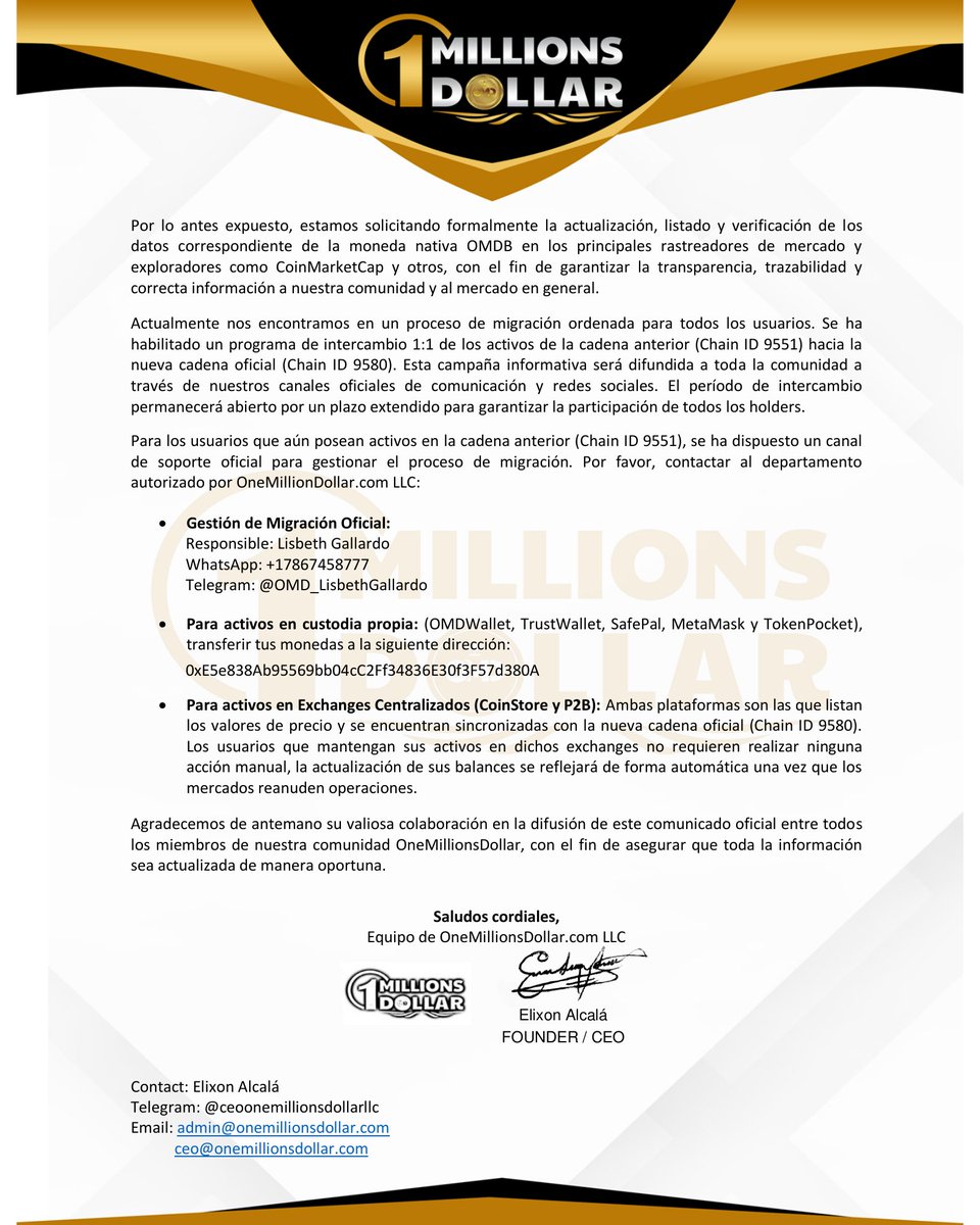 onemillionsOMD's tweet photo. https://t.co/YuzsbWu1cL LLC informa, Por motivos de seguridad, OMDBlockchain migrará su #blockchain
📄 Consulte el documento oficial para conocer todos los detalles
#Web3 #OMDBlockchain @P2B_exchange_X @CoinstoreExc https://t.co/ZUQiedFNgU