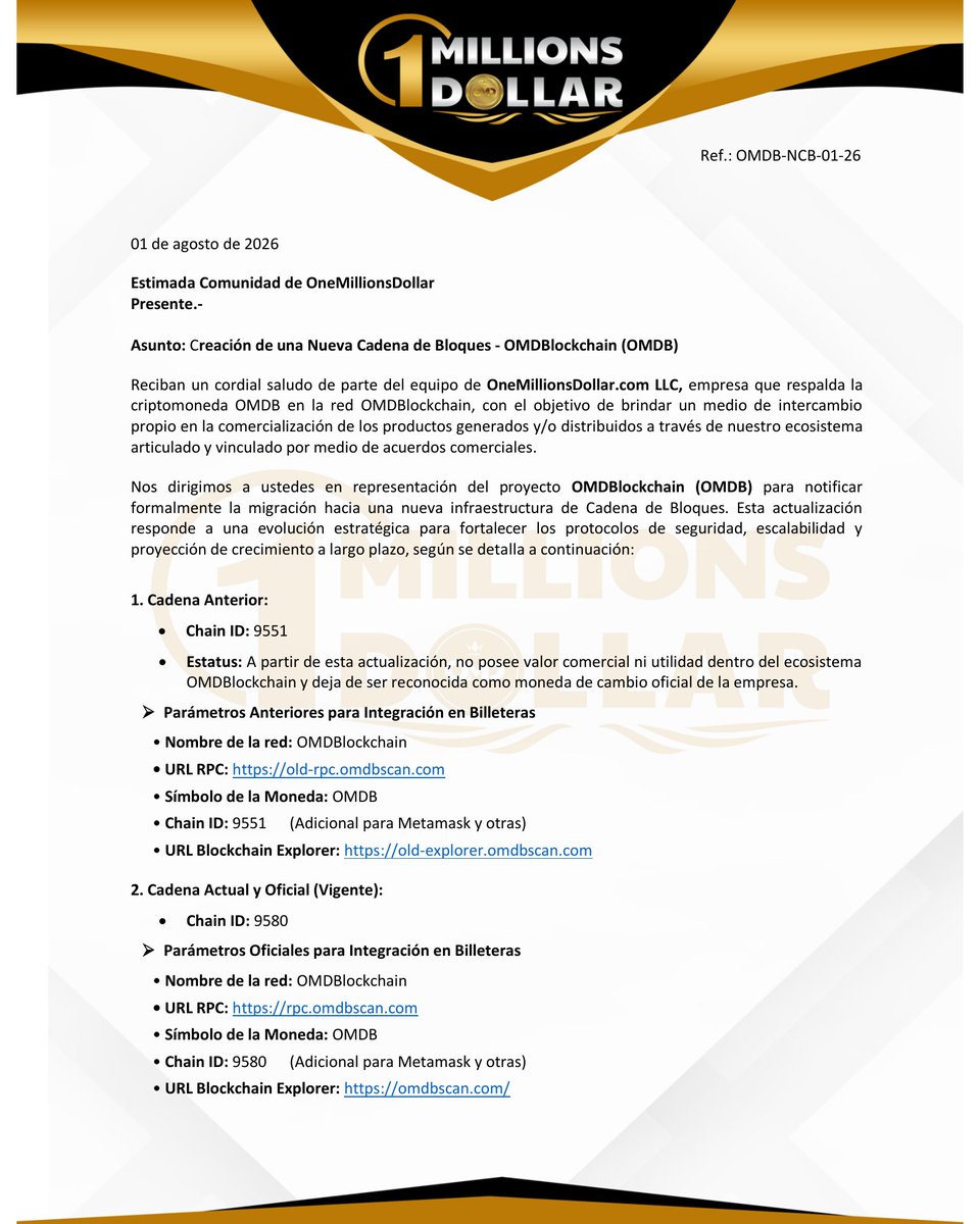 onemillionsOMD's tweet photo. https://t.co/YuzsbWu1cL LLC informa, Por motivos de seguridad, OMDBlockchain migrará su #blockchain
📄 Consulte el documento oficial para conocer todos los detalles
#Web3 #OMDBlockchain @P2B_exchange_X @CoinstoreExc https://t.co/ZUQiedFNgU