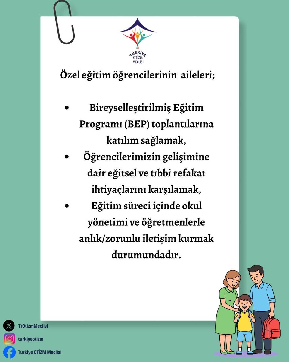 TrOtizmMeclisi's tweet photo. Türkiye Otizm Meclisi (TOM) olarak, yeni eğitim-öğretim döneminde okullarımızda hayata geçirilmesi planlanan "Randevu Sistemi" uygulamasını; okul düzeni, güvenliği ve eğitim ortamının verimliliği açısından değerli buluyoruz. Ancak, sistemin "istisnasız" ibaresiyle ve esneklikten uzak bir biçimde kurgulanmasının, özel eğitim alan öğrencilerimiz ve aileleri için ciddi hak ihlallerine yol açacağı konusunda endişeliyiz.

Mevzuatın Tanıdığı Haklar Birincil Önceliğimizdir
Mevzuatımız, özel gereksinimli çocukların ailelerini eğitim sürecinin pasif bir gözlemcisi değil, "aktif bir paydaşı" olarak tanımlar. Ailelerin sürece katılımı bir imtiyaz değil, kanuni bir haktır. Bu hakkın engellenmesi, özel eğitimin temel prensiplerine aykırıdır.

Özel gereksinimli bireylerin aileleri;
•⁠  ⁠Bireyselleştirilmiş Eğitim Programı (BEP) toplantılarına katılım sağlamak,
•⁠  ⁠Öğrencilerimizin gelişimine dair eğitsel ve tıbbi refakat ihtiyaçlarını karşılamak,
•⁠  ⁠Eğitim süreci içinde okul yönetimi ve öğretmenlerle anlık/zorunlu iletişim kurmak durumundadır.

Bu süreçlerin sıradan bir ziyaretçi prosedürüne tabi tutulması, çocuklarımızın eğitim niteliğini ve güvenliğini riske atmaktadır.
Çözüm önerimiz, okul güvenliği prensiplerinden ödün verilmeden, özel eğitim ihtiyacı olan öğrencilerimiz için sistemin esnetilmesi ve "kişiye özel planlama" imkânı sunulmasıdır. İl ve İlçe Milli Eğitim Müdürlüklerimizin, bu hassas ayrımı sahada görev yapan yöneticilere bildirmesi büyük önem taşımaktadır.

Ancak bu tür bir uyarlama ile hem okul güvenliği korunabilir hem de eşit eğitim hakkı tesis edilebilir.

Türkiye’nin çeşitli illerinde bulunan 106  üye dernek ağımızla  sürecin takipçisi olmaya devam edeceğiz.