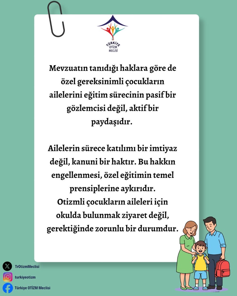 TrOtizmMeclisi's tweet photo. Türkiye Otizm Meclisi (TOM) olarak, yeni eğitim-öğretim döneminde okullarımızda hayata geçirilmesi planlanan "Randevu Sistemi" uygulamasını; okul düzeni, güvenliği ve eğitim ortamının verimliliği açısından değerli buluyoruz. Ancak, sistemin "istisnasız" ibaresiyle ve esneklikten uzak bir biçimde kurgulanmasının, özel eğitim alan öğrencilerimiz ve aileleri için ciddi hak ihlallerine yol açacağı konusunda endişeliyiz.

Mevzuatın Tanıdığı Haklar Birincil Önceliğimizdir
Mevzuatımız, özel gereksinimli çocukların ailelerini eğitim sürecinin pasif bir gözlemcisi değil, "aktif bir paydaşı" olarak tanımlar. Ailelerin sürece katılımı bir imtiyaz değil, kanuni bir haktır. Bu hakkın engellenmesi, özel eğitimin temel prensiplerine aykırıdır.

Özel gereksinimli bireylerin aileleri;
•⁠  ⁠Bireyselleştirilmiş Eğitim Programı (BEP) toplantılarına katılım sağlamak,
•⁠  ⁠Öğrencilerimizin gelişimine dair eğitsel ve tıbbi refakat ihtiyaçlarını karşılamak,
•⁠  ⁠Eğitim süreci içinde okul yönetimi ve öğretmenlerle anlık/zorunlu iletişim kurmak durumundadır.

Bu süreçlerin sıradan bir ziyaretçi prosedürüne tabi tutulması, çocuklarımızın eğitim niteliğini ve güvenliğini riske atmaktadır.
Çözüm önerimiz, okul güvenliği prensiplerinden ödün verilmeden, özel eğitim ihtiyacı olan öğrencilerimiz için sistemin esnetilmesi ve "kişiye özel planlama" imkânı sunulmasıdır. İl ve İlçe Milli Eğitim Müdürlüklerimizin, bu hassas ayrımı sahada görev yapan yöneticilere bildirmesi büyük önem taşımaktadır.

Ancak bu tür bir uyarlama ile hem okul güvenliği korunabilir hem de eşit eğitim hakkı tesis edilebilir.

Türkiye’nin çeşitli illerinde bulunan 106  üye dernek ağımızla  sürecin takipçisi olmaya devam edeceğiz.