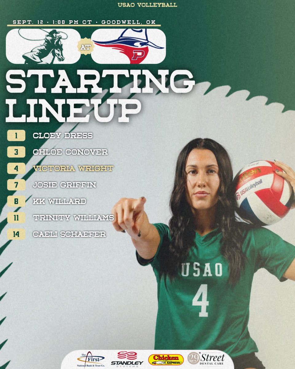 DroverAthletics's tweet photo. 🏐𝗦𝗧𝗔𝗥𝗧𝗜𝗡𝗚 𝗟𝗜𝗡𝗘𝗨𝗣🏐

🆚: OPSU
⏰: 1:00 PM CT
📍: Goodwell, OK
🏟️: Anchor D. Arena
📊/📺: https://t.co/hEQJKPm0Eq

#DroverNation🏇 x #BleedGreen https://t.co/BYuAsUGmbW