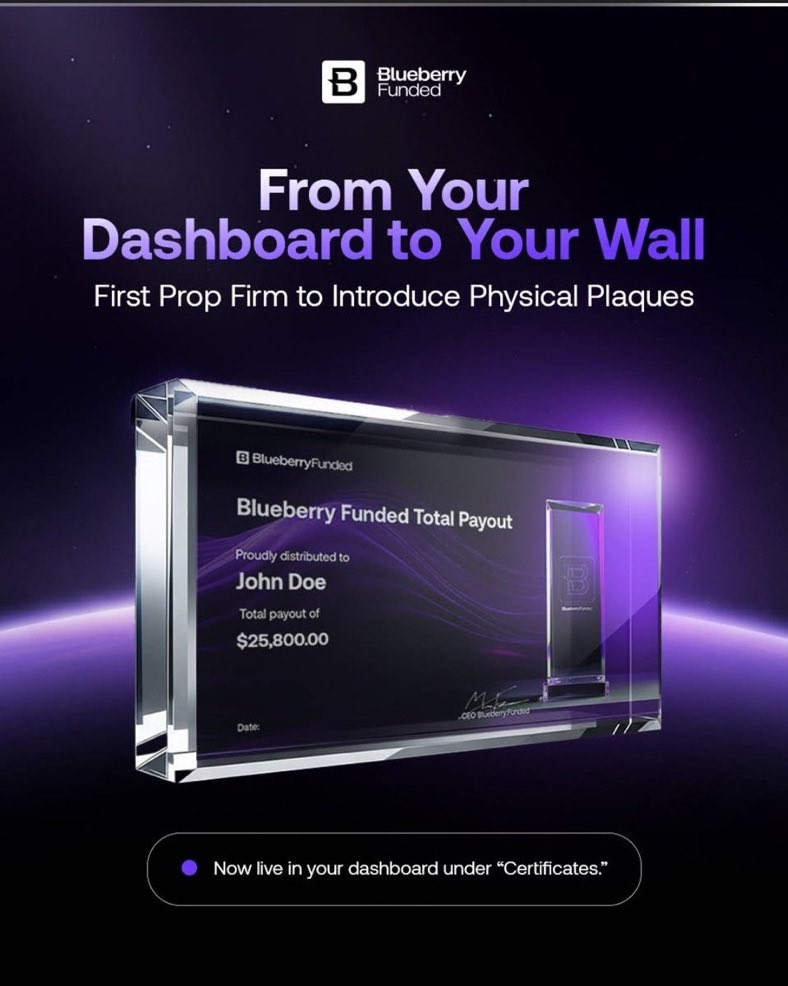 khaleepsonfx's tweet photo. 🔥 From your trading dashboard to your wall. 🏆

Blueberry Funded is taking trader recognition to another level with physical payout plaques.

Trade. Get paid. Get recognized. 

https://t.co/MV0b9HU6ag https://t.co/ipOoXDwgSx