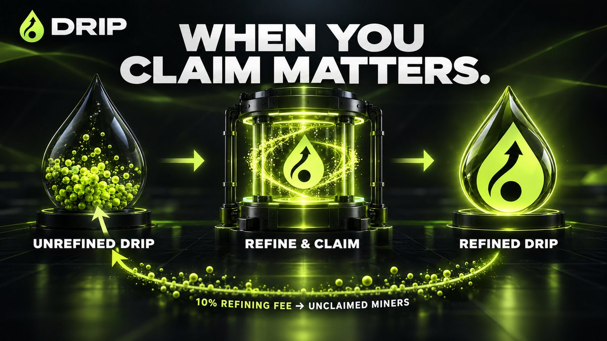 Drip_Robinhood's tweet photo. Unrefined DRIP and Refined DRIP are not two different tokens. 💧

They represent two stages of your mining rewards.

UNREFINED DRIP

This is the $DRIP you have successfully mined but haven’t claimed yet.

It remains inside the protocol—and while it stays unclaimed, it can receive a proportional share of refining fees paid by other miners.

REFINE & CLAIM

When you’re ready to move your mined $DRIP into your wallet, you refine and claim it.

A 10% refining fee is deducted during the claim.

But that fee doesn’t go to the team.

It is redistributed among miners who still hold Unrefined DRIP, according to the size of their unclaimed balances.

REFINED DRIP

This is the $DRIP that has completed the refining process and arrived in your wallet.

Once refined, it can be held, traded or staked.

Mine early.
Refine strategically.
Hold patiently.

With DRIP, deciding when to claim is part of the mining strategy.

Unrefined → Refine & Claim → Refined.

$DRIP is coming.