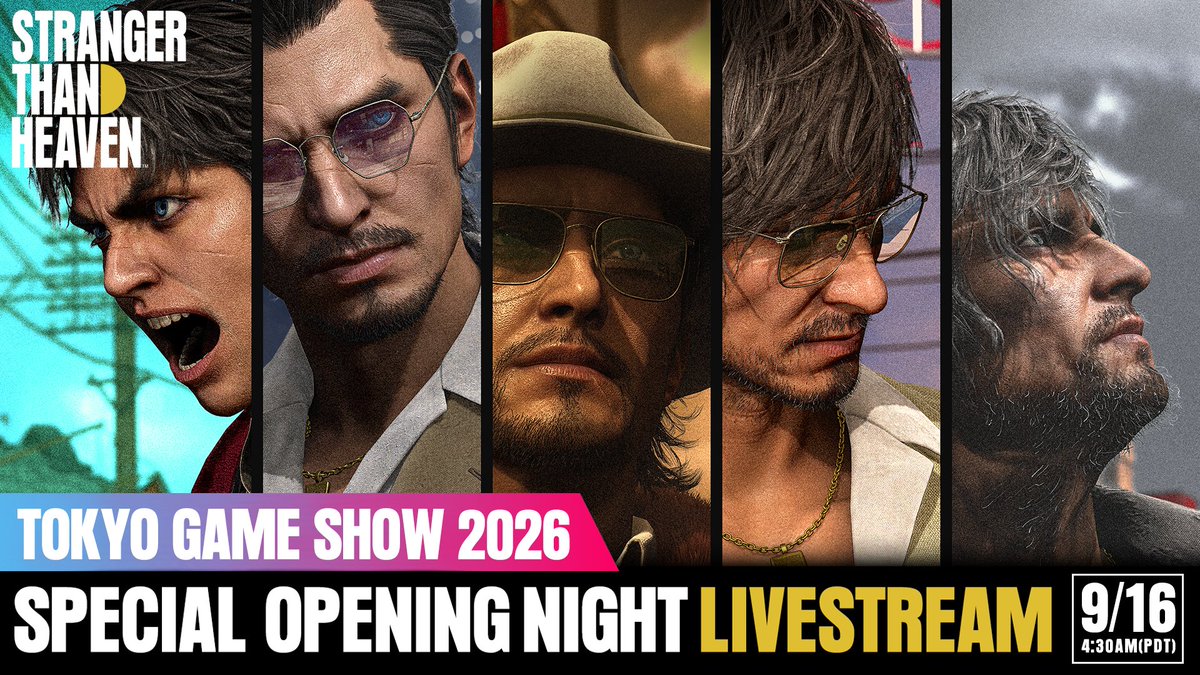 RGGStudio's tweet photo. We're kicking off Tokyo Game Show 2026 with a special STRANGER THAN HEAVEN livestream next week. 

Tune in for new gameplay and never-before-seen footage, featuring:
🌇 Cityscapes & adventure showcase for Fukuoka, Hiroshima, and Osaka
🎬 Showbiz mechanic breakdown
🎮 Highlights from the hands-on demo direct from the TGS show floor
 
We'll see you there, Stranger. 
📆 Wed, Sept. 16 at 4am PDT / 7am EDT / 12pm BST
📍 https://t.co/j7ccmQQbsj

#TGS2026 #StrangerThanHeaven