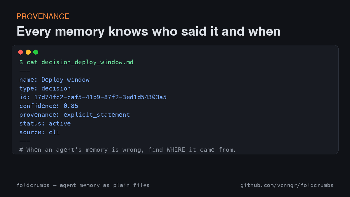 v_ingrosso's tweet photo. Every memory in foldcrumbs knows who said it and when.

provenance, source, confidence — in the frontmatter of a plain markdown file you can open and grep. When an agent's memory is wrong, you can find WHERE it came from.

Not a vector DB. A folder.

#AIagents #aimemory https://t.co/3crua0H3cv