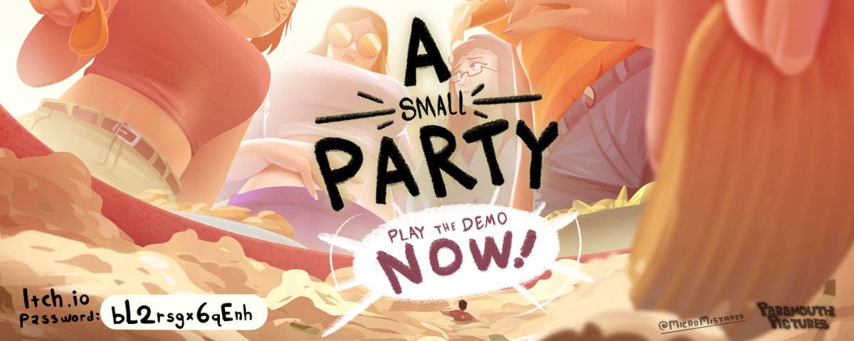 ParaMouthPics's tweet photo. “A Small Party”: Unaware Size VN Demo is now released!

Play it using the link below and use the password in the image!

https://t.co/zdWTydMLOW

To support the game’s development, see WIP's, and more, pledge to @MicroMistakes on his cool new page!