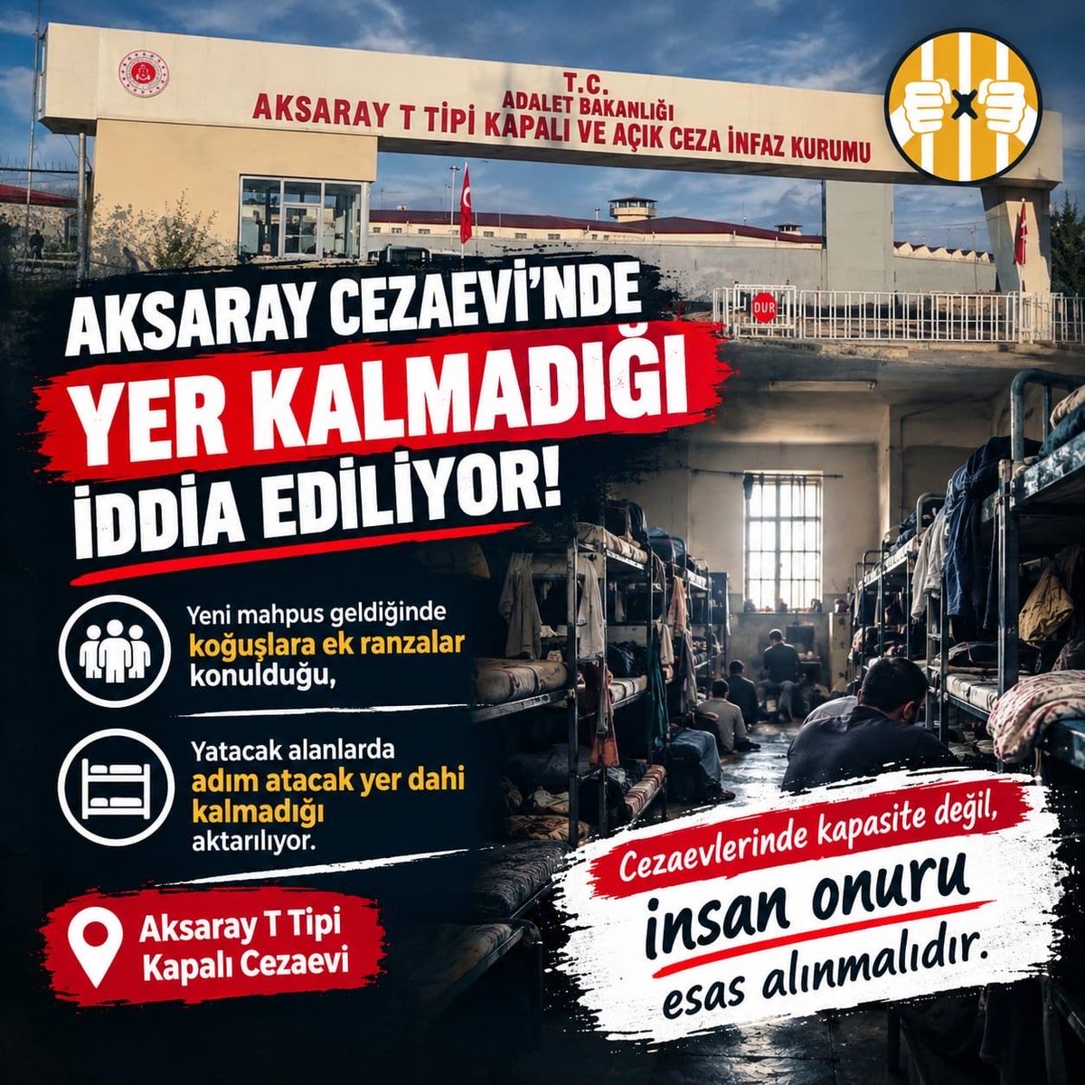 YavuzzSelim115's tweet photo. #AksarayCezaevi 

Aksaray Cezaevi’nde yaşanan sorunların kamuoyuna açık ve şeffaf bir şekilde açıklanmasını istiyoruz. Cezaevlerinde insan onuruna yakışır koşullar ve temel hakların korunması herkes için güvence altında olmalıdır. #AksarayCezaevi #İnsanHakları https://t.co/OO0o19KRDP
