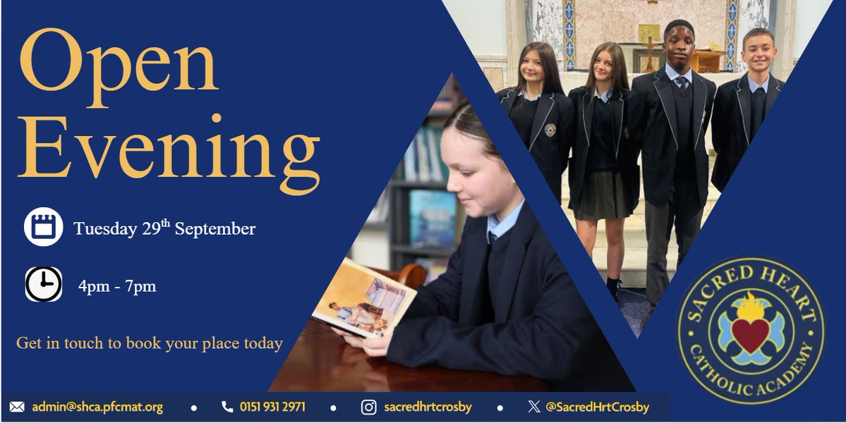 SacredHrtCrosby's tweet photo. 🏫 Join us for Sacred Heart Catholic Academy’s Open Evening!

📅 Tuesday 29 September
⏰ 4–7pm
Meet our Headteacher, tour our school, explore our facilities and discover how we support every pupil to be more. ❤️

📲 Register using the link or QR code on the flyer.
#SacredHeart https://t.co/a3Ae9I630H