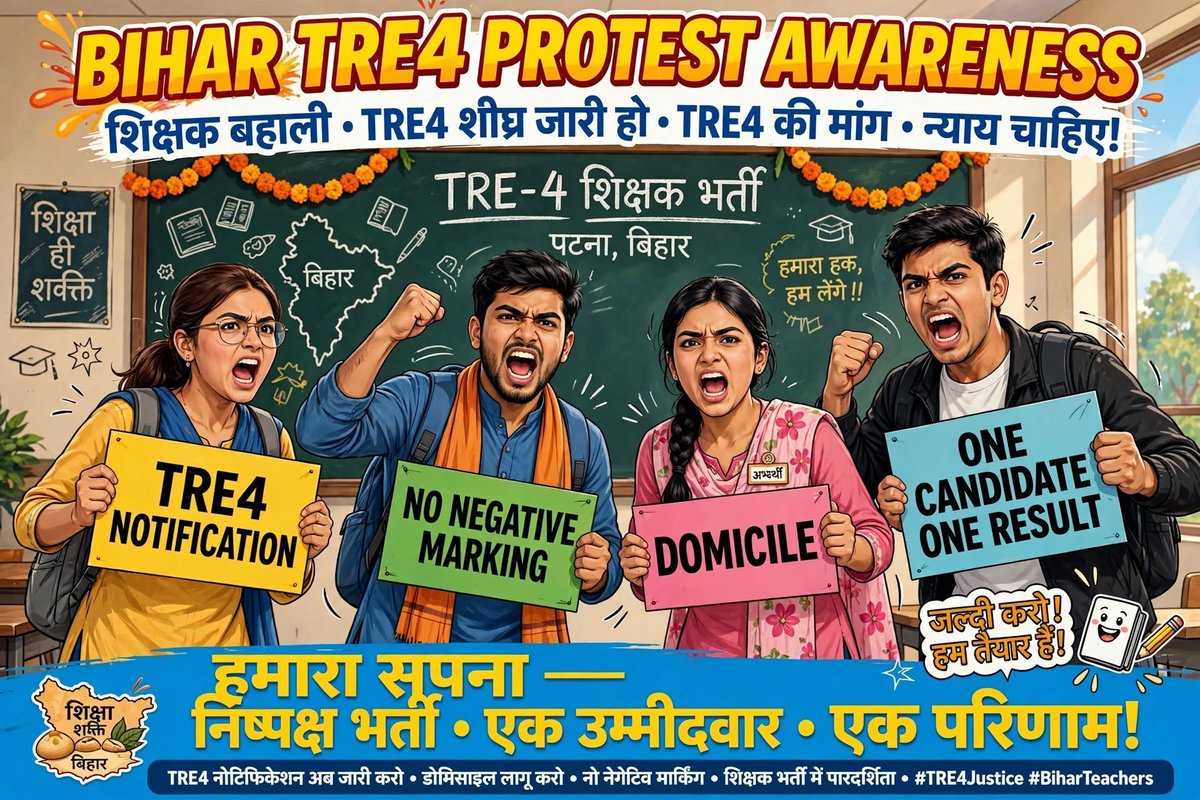 HabibaKhanam08's tweet photo. 🚨TRE4 के सभी अभ्यर्थी सक्रिय हो जाएं! 

नहीं तो फिर से TRE4 को ठंडे बस्ते में डाल दिया जाएगा!

अब नहीं सहेंगे,अब आवाज उठाएंगे!

हमारी मांग-एकदम जायज है!

📌#TRE4 NOTIFICATION-जल्द जारी करो!

📌#NO_NEGATIVE_MARKING -नेगेटिव मार्किंग हटाओ!

📌#DOMICILE -बिहार का हक,बिहारियों को दो https://t.co/vw0qdrEJiA