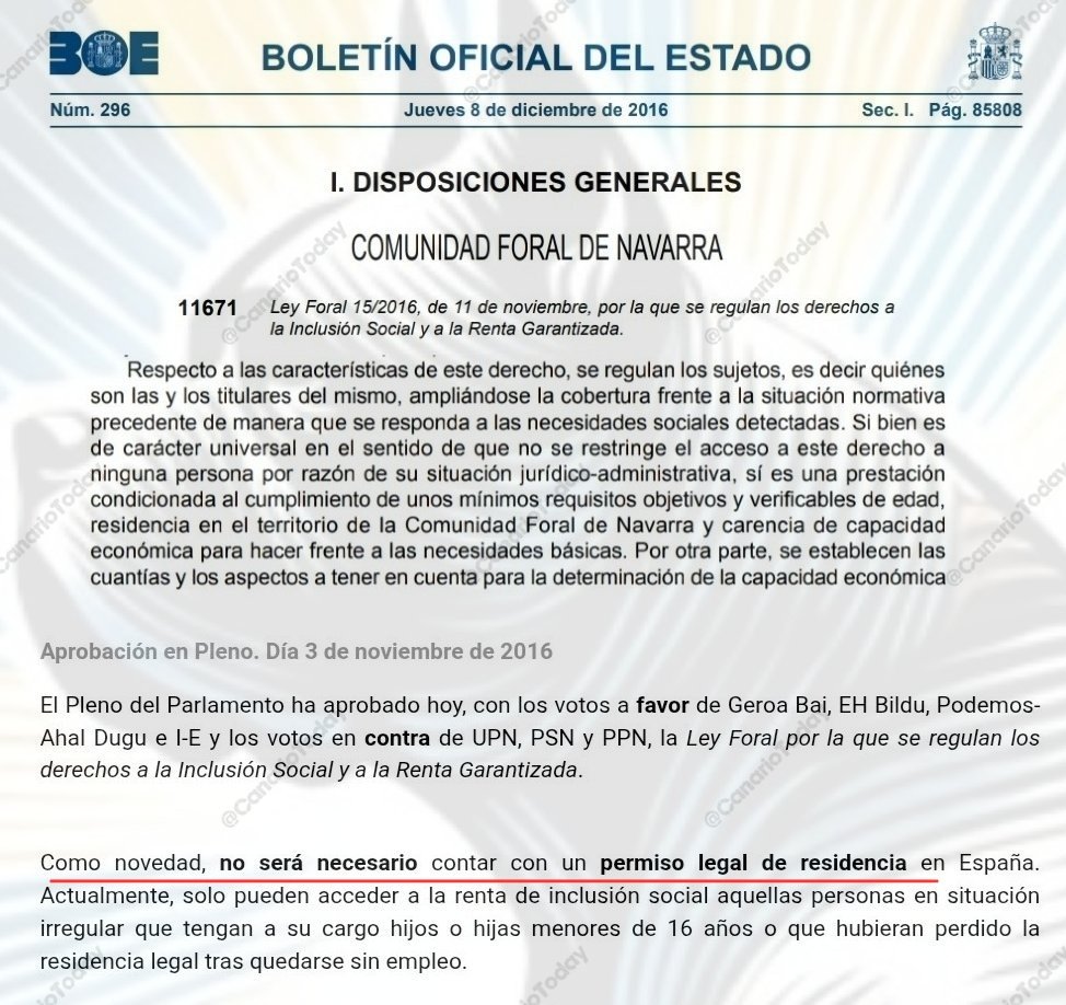 CanarioToday's tweet photo. 🚨 Entran ilegalmente, solicitan asilo y pueden cobrar una renta mínima.

La legislación vigente permite que determinados inmigrantes ilegales que solicitan asilo puedan acceder a las rentas mensuales en estas 4 comunidades.

→ Navarra: 810,83 €
→ Canarias: 733,60 €
→ Comunidad Valenciana: 733,60 €
→ Galicia: 469,20 €