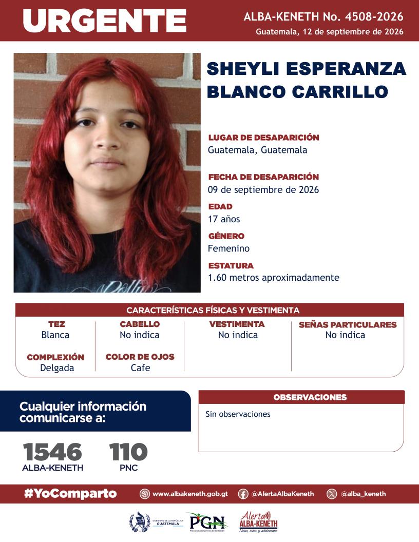 alba_keneth's tweet photo. #AlertaAlbaKeneth⚠️| Sheyli Esperanza Blanco Carrillo de 17 años de edad. Desapareció el 09 de septiembre de 2026, en Guatemala, Guatemala 

🔁Comparte y ayúdanos con su localización.
📞Si tienes información llama al 1546. #YoComparto https://t.co/WCBBzqc8B7