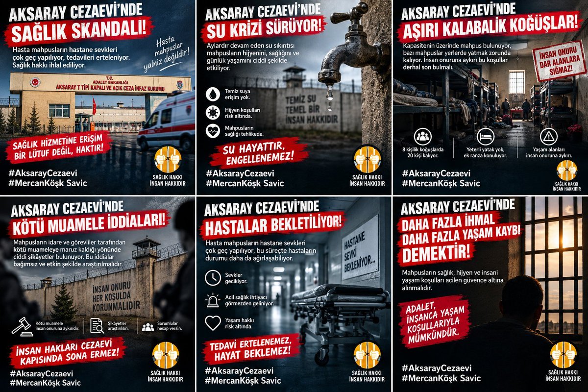 Hapsedilenlr's tweet photo. BU NASIL ADALET❗️

Aksaray Cezaevi’nde aylardır su olmadığı, kapasitenin aşıldığı ve mahpusların yerde yattığı iddia ediliyor. Kötü muamele ve geciken hastane sevkleri de gündemde.
İnsan onuru ve sağlık hakkı neden göz ardı ediliyor? 

AksarayCezaevi

#MercanKöşk Savic https://t.co/wcNojM0ciz