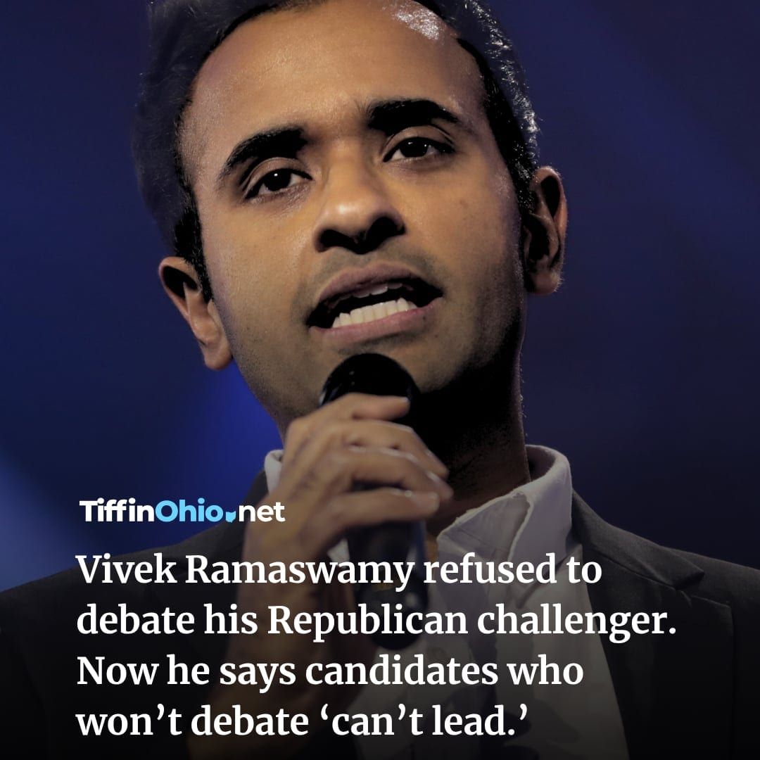 TiffinOhioNews's tweet photo. The mental gymnastics are getting complicated. Vivek Ramaswamy refused to debate Republican challenger Casey Putsch earlier this year. Now he says candidates who won’t debate “can’t lead the state.” Read more: https://t.co/WPBLLaAcrA https://t.co/qG2OnAholl