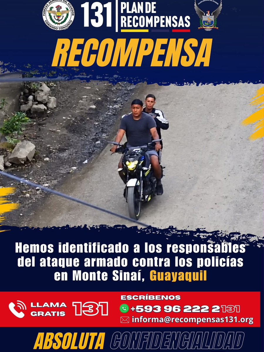 lahistoriaec's tweet photo. Búsqueda sin descanso. El Plan de Recompensas 131 activó la localización de dos sospechosos por un ataque armado contra un policía en Monte Sinaí, ocurrido la tarde de este viernes. El agente permanece en estado crítico, con un disparo en la cabeza. #Guayaquil https://t.co/022iD4eEsA