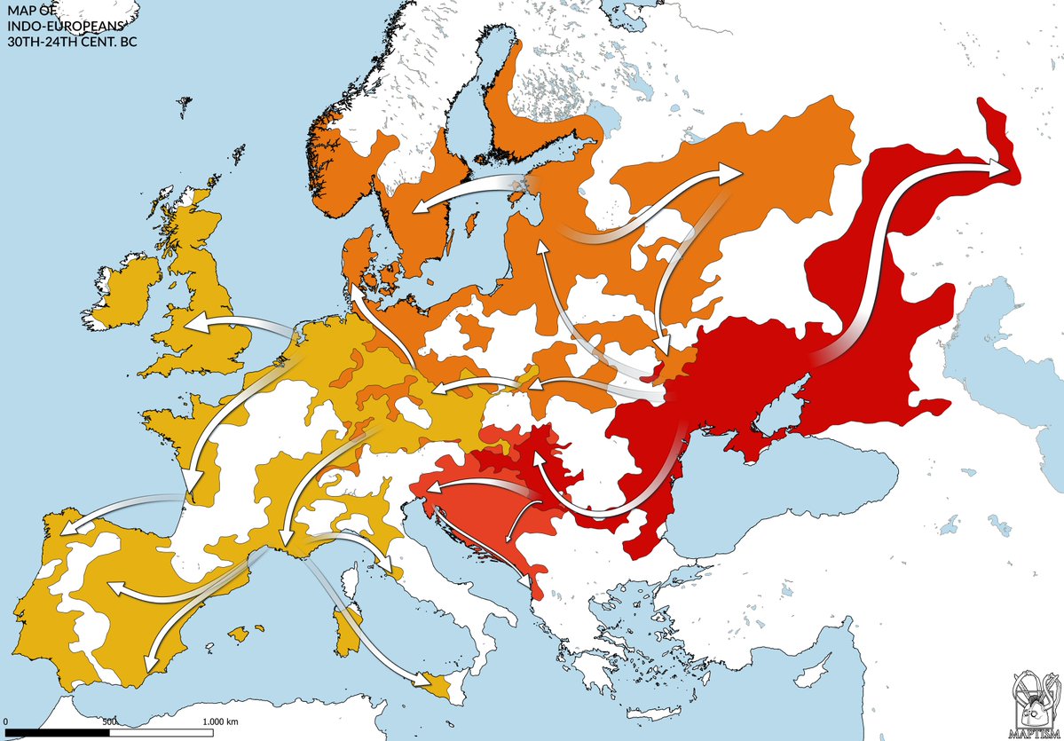Maptysk's tweet photo. The founders of Europe
A Simplified map of the 4 primary Indo-european cutures of the Chalcolithic on one map: Yamnaya, Corded Ware, Bell Beaker and Vucedol. 
These 4 Cultures are responsible for all modern speakers of Indo-European languages. https://t.co/BXOQaNi0wq