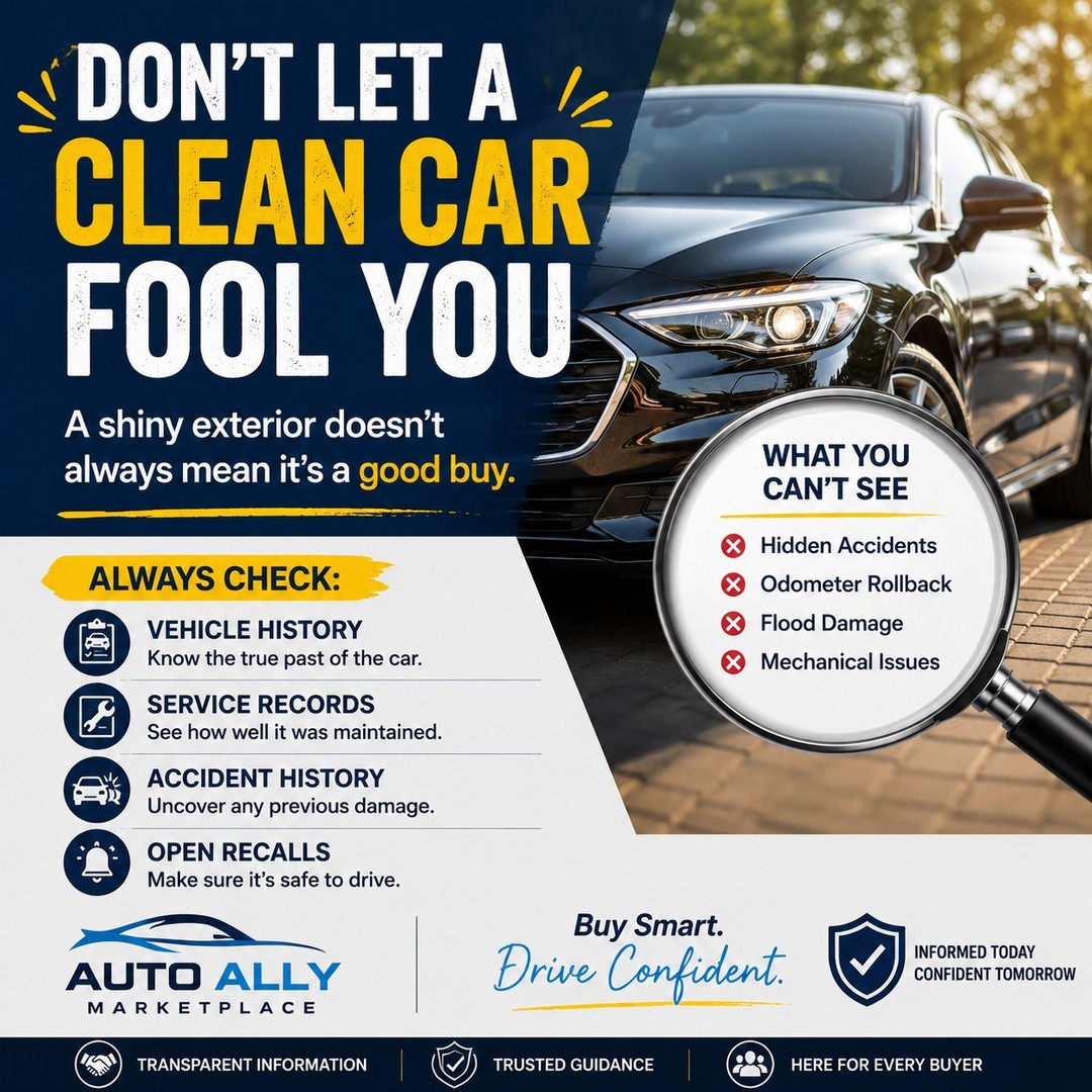 JaynaBicklein's tweet photo. Don’t let a clean car fool you. A spotless exterior can hide costly problems. Before buying used, check vehicle history, service records, accident history, and open recalls. A few minutes of research could save you thousands. Buy smart. Drive https://t.co/ovypmSLchb