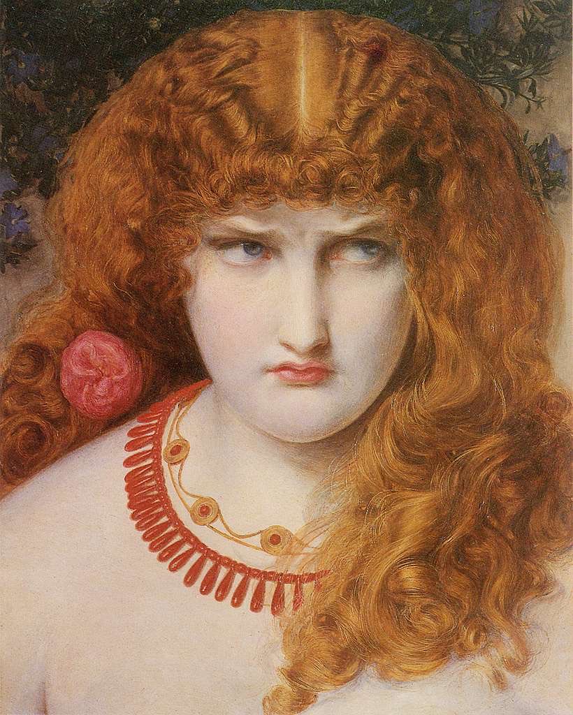 dan_p_ofem's tweet photo. Helen of Troy is an 1867 oil painting on a wooden panel by British artist Anthony Frederick Augustus Sandys.

The woman in the portrait is Mary Clive, an actress who later became the artist's partner.

The piece connects to an 1866 magazine drawing by Sandys called Helen and Cassandra. 
In that earlier artwork, Helen acts like a spoiled child and chews her hair, while Cassandra blames her as Troy burns.