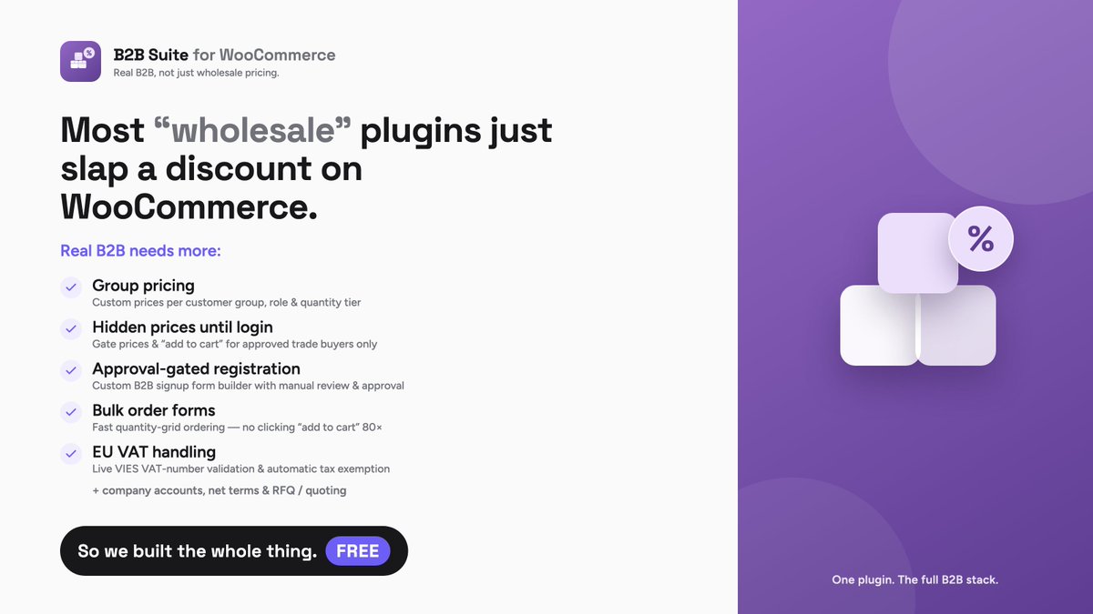softminal's tweet photo. Most "wholesale" plugins just slap a discount on WooCommerce.

Real B2B needs more:
→ group pricing
→ hidden prices until login
→ approval-gated registration
→ bulk order forms
→ EU VAT (VIES) validation

So we built the whole thing. Free.

#WooCommerce #WordPress #B2B #Wholesales #Business