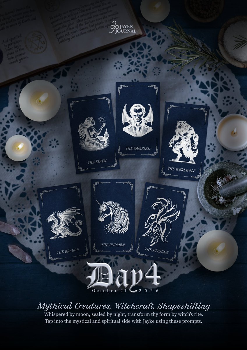 jaykejournal's tweet photo. 🪄 DAY FOUR – October 21: Mythical Creatures, Witchcraft, Shapeshifting

Whispered by moon, sealed by night, transform thy form by witch's rite. Tap into the mystical and spiritual side with Jayke using these prompts.

#JAYKETOBER https://t.co/tIn8xK1FFU