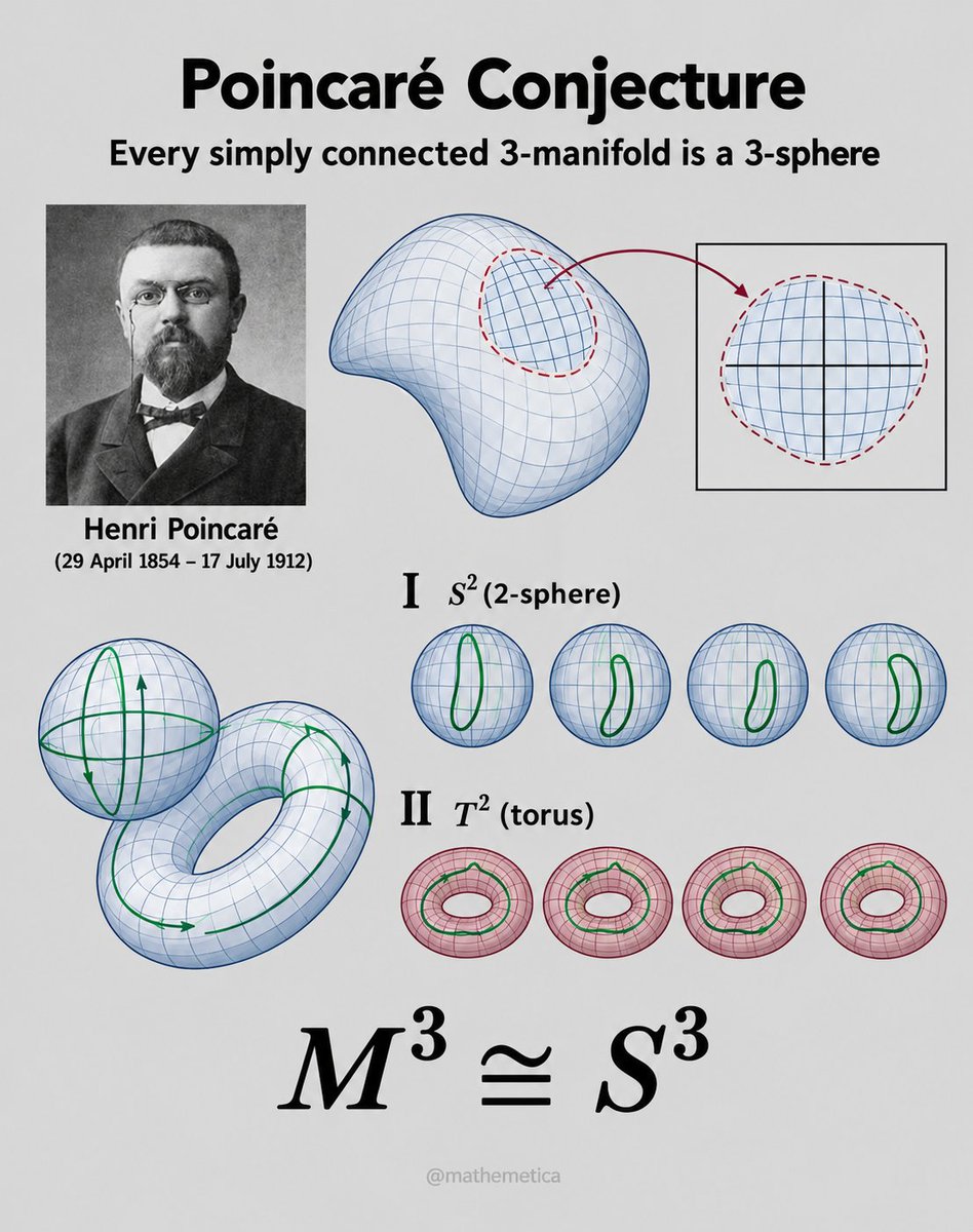 mathemetica's tweet photo. He posted three papers online, solved a 98-year-old mystery, then walked away from $1 million and the Fields Medal. 

Grigori Perelman, the shy St. Petersburg mathematician who lived quietly with his mother and preferred foraging mushrooms to fame, finished what Henri Poincaré asked in 1904. 

This image captures the idea: any loop on a sphere can shrink to a point, but a torus traps them around its hole. Perelman used Ricci flow plus surgery to prove every simply connected closed 3-manifold is a 3-sphere, then vanished from public life. A human who chose truth over glory. M³ ≅ S³.
