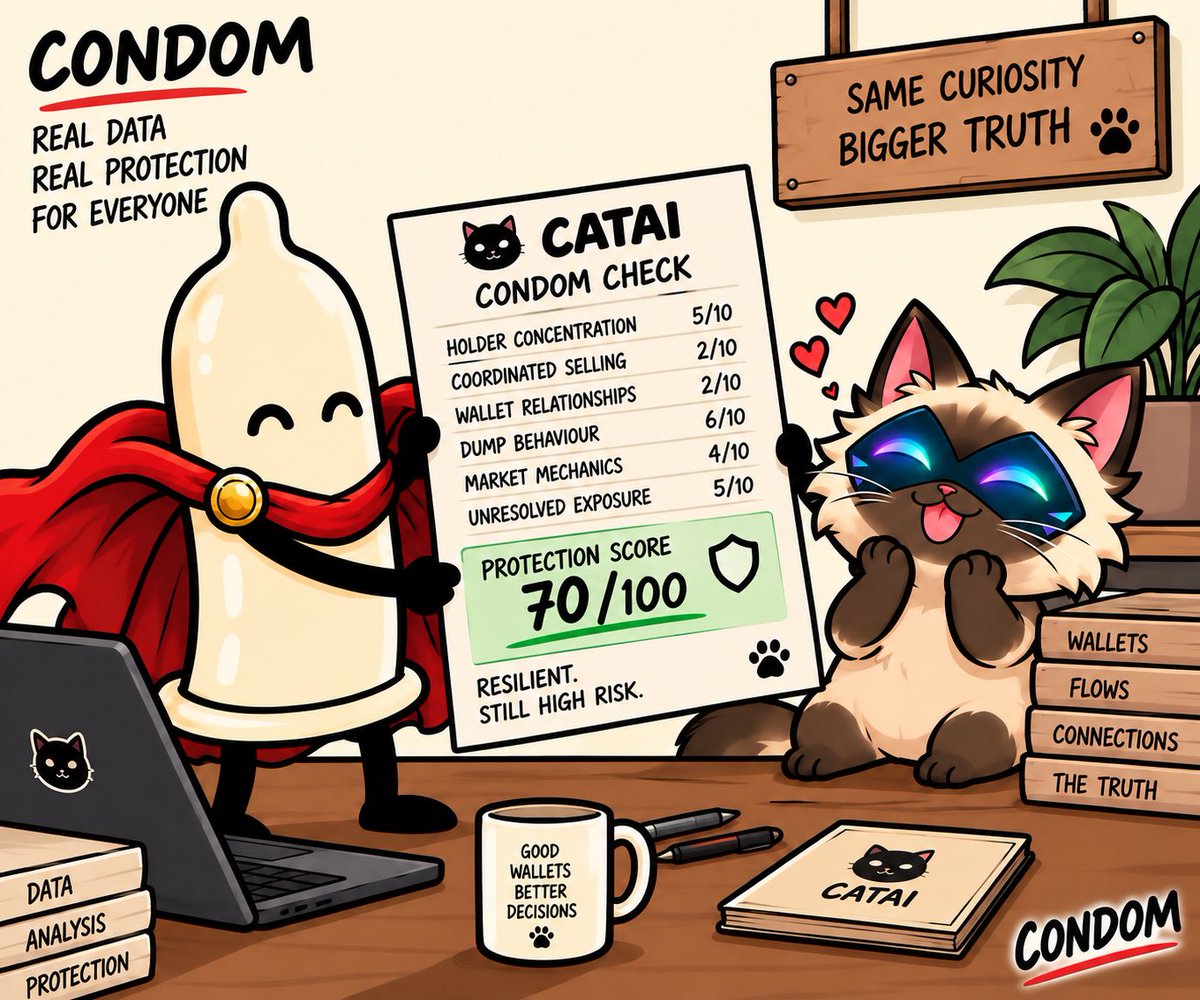 CondomOnChain's tweet photo. We put $CATAI under the microscope after a wild 24hrs.

Multi-million token exits hit the market. We traced 4 major dump wallets: no direct SOL links or synchronized selling found.

It absorbed the pressure.

CONDOM Score: 70/100 🛡️

Resilient. Still high risk.

#CATAI #solana https://t.co/GiixGnNFlm