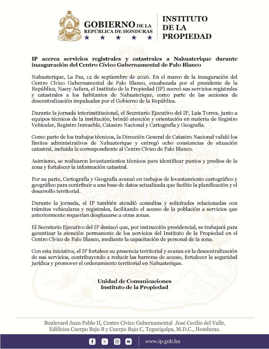 ip_hond's tweet photo. 🏛️ ¡El Instituto de la Propiedad llegó a Nahuaterique, La Paz!
​Acompañamos la inauguración del Centro Cívico Gubernamental de Palo Blanco acercando trámites de Registro Vehicular, Registro Inmueble, Catastro y Cartografía directamente a la población. https://t.co/kMrJ4REUkZ