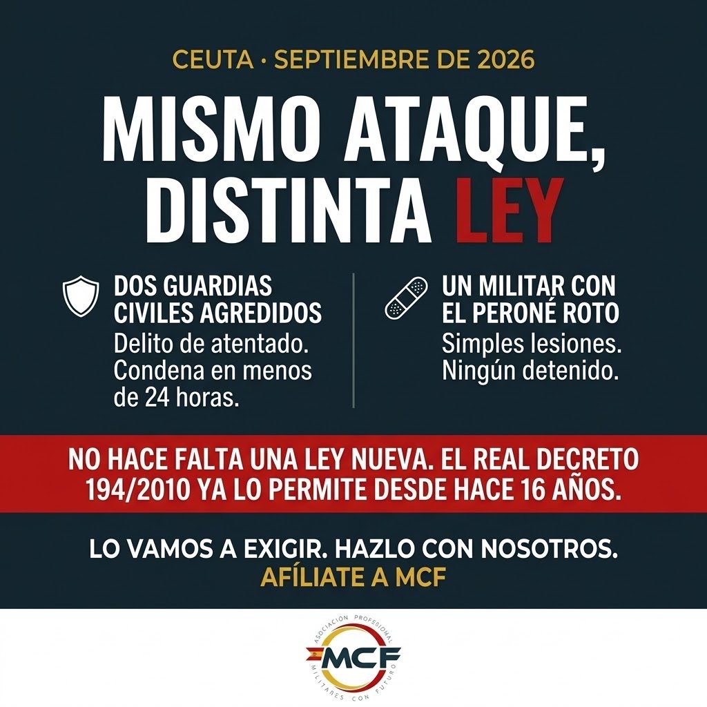 MarcoDominguz's tweet photo. Ceuta. Dos guardias civiles agredidos: condena en menos de 24 horas.
Un militar con el peroné roto: unas lesiones y ningún detenido.

Mismo ataque, distinta ley.

No hace falta una ley nueva. El Real Decreto 194/2010 ya lo permite desde hace 16 años. https://t.co/P1kjqt3QN6