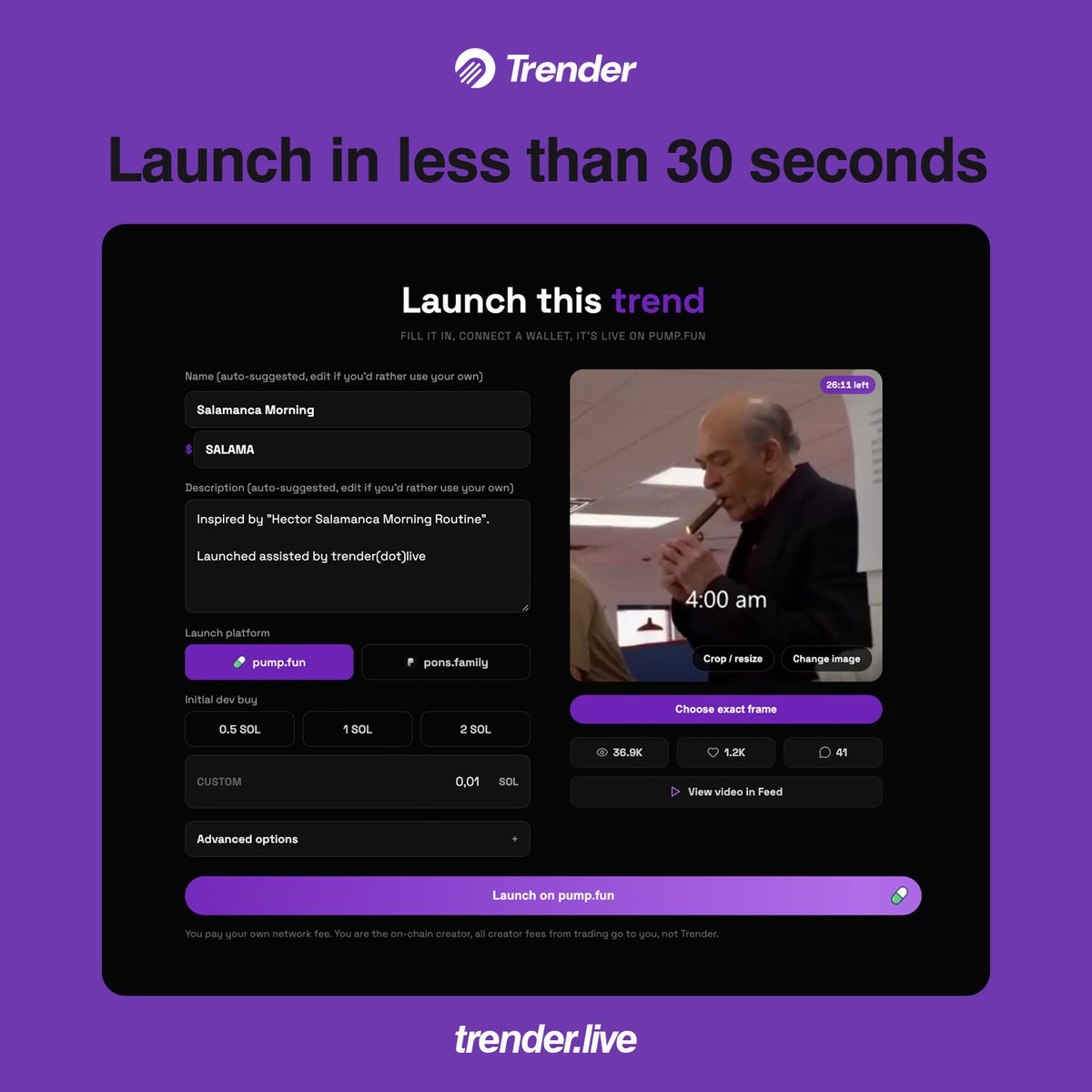 Trenderdotlive's tweet photo. Launch in less than 30s with https://t.co/x1e72ylmFA

Turn short-form video spanning news, memes, trends, sports and more into a token.

Launch on either @pumpfun or @ponsdotfamily. 

$TREND https://t.co/UI6F0zGaSS