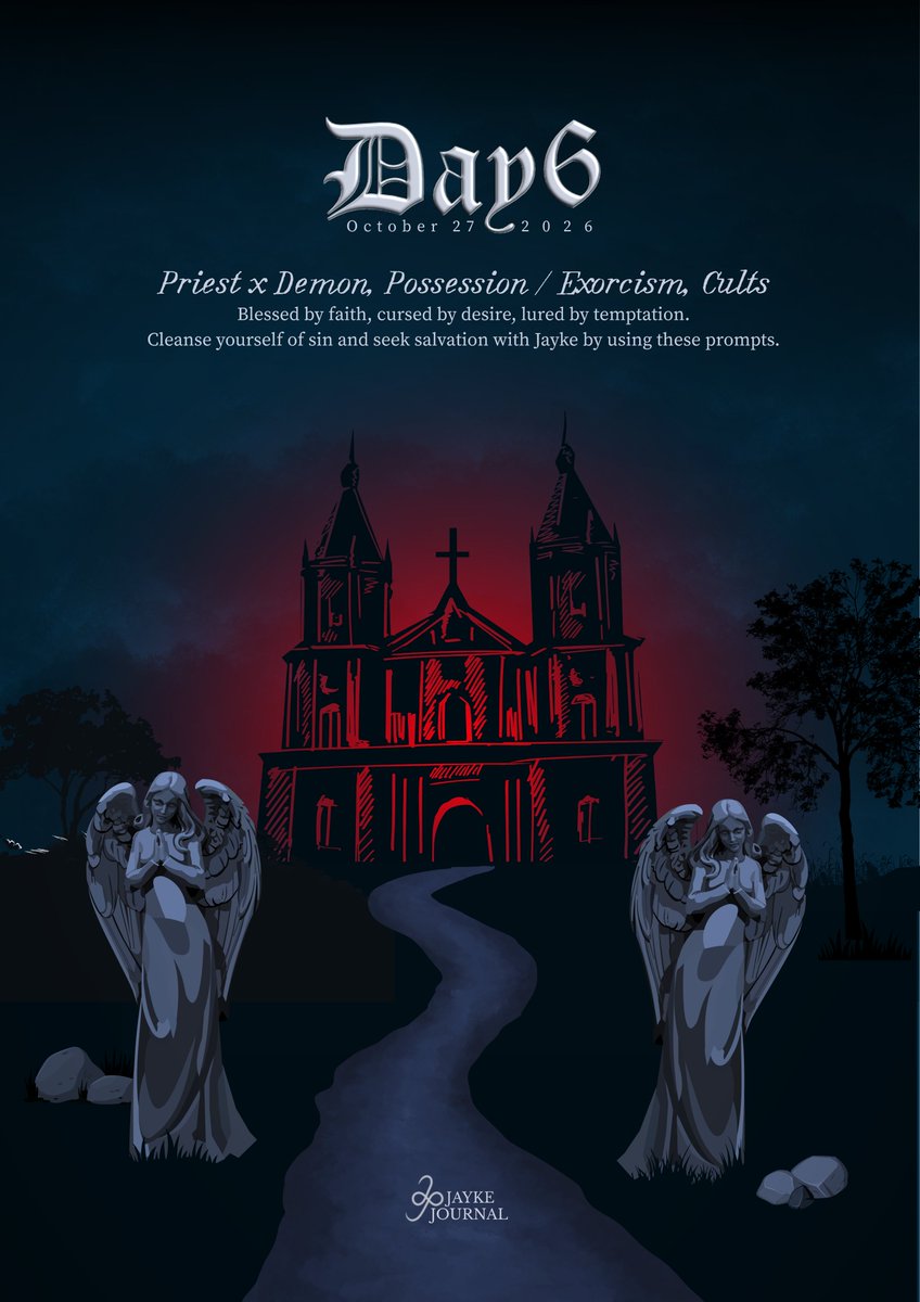 jaykejournal's tweet photo. 🙏 DAY SIX – October 27: Priest x Demon, Possession / Exorcism, Cults

Blessed by faith, cursed by desired, lured by temptation. Cleanse yourself of sin and seek salvation with Jayke by using these prompts.

#JAYKETOBER https://t.co/buhsZklshR